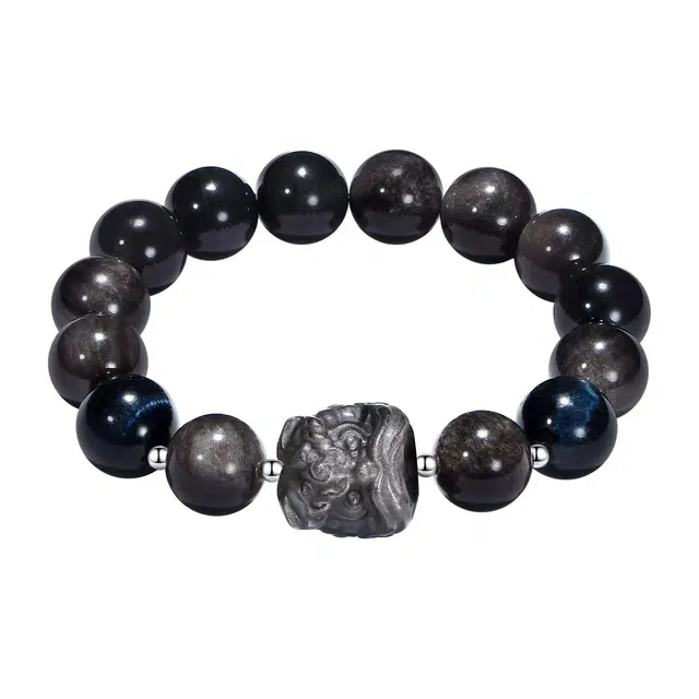 【普陀山官方已过香】 普陀山文创 国潮醒狮新中式招财时尚简约百搭银曜石串珠八方来财吉祥如意佛珠转运珠#好运 黑曜石 手串 男女同款情侣款