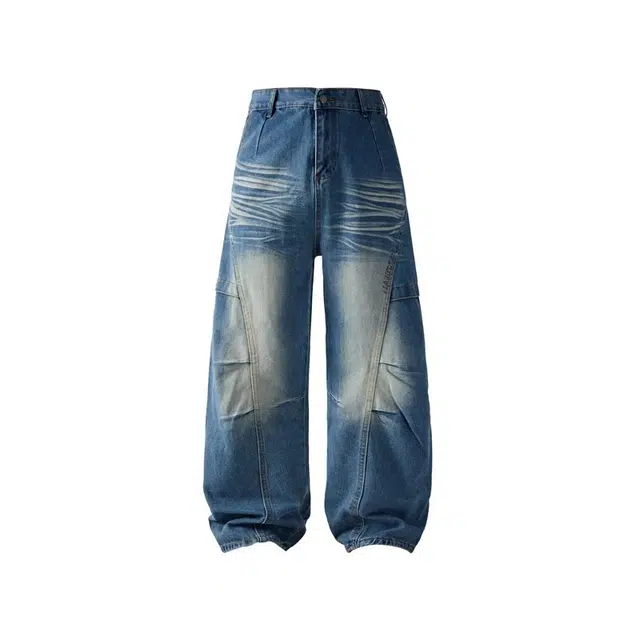 洞洞拐 美式休闲直筒立体裁剪廓形水洗宽松阔腿垂感拖地长裤牛仔裤 男女同款