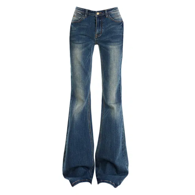 拾籍 街头美式低腰修身显瘦复古设计时尚百搭微喇阔腿牛仔裤 女款