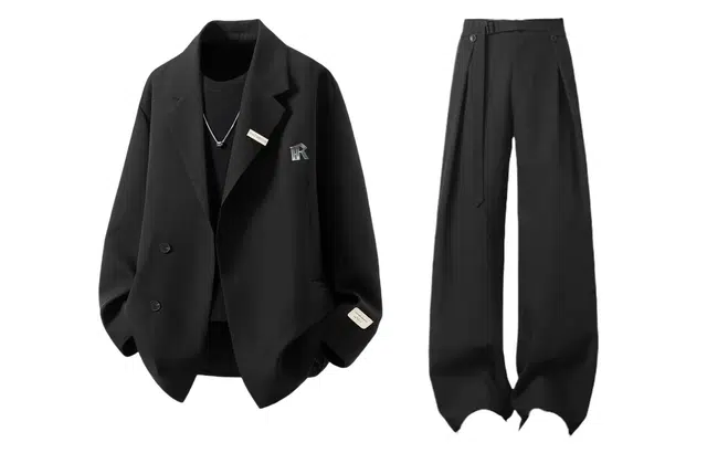 梓润格 秋季港风高级双开衩设计感金属搭扣装饰西服垂坠感宽松舒适基础简约时尚百搭休闲西裤西装套装 男女同款