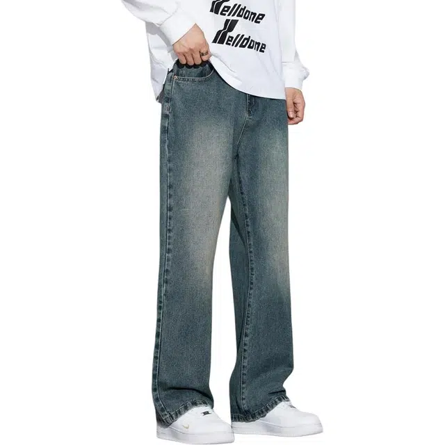 么宁 秋冬季个性刺绣宽松直筒裤美式高街潮流百搭微喇长裤舒适透气耐穿耐磨休闲牛仔裤 男女同款