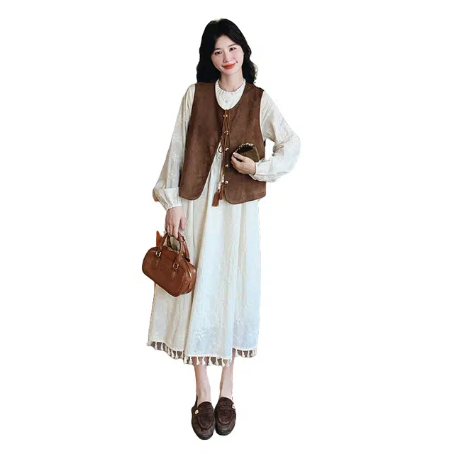 稻草人 法式茶歇麂皮绒马甲连衣裙两件套设计感百搭气质减龄裙装套装 女款