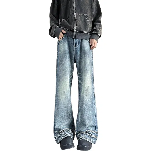 大格子与黑猫 裤子男潮流拼接微喇男春秋款宽松直筒阔腿高街美式帅气长裤牛仔裤 男款