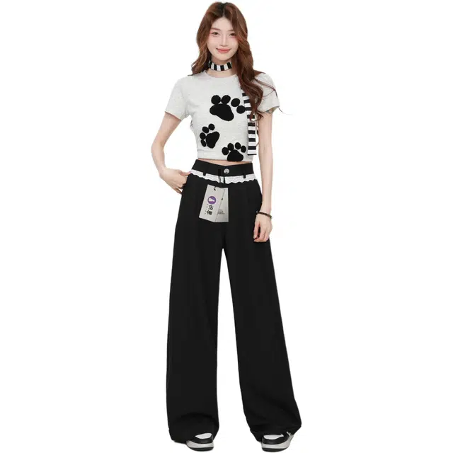 识恩 黑色长裤子女夏薄款宽松慵懒风垂坠感百搭高腰阔腿速干西装裤休闲裤 女款