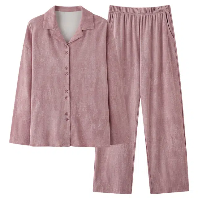 俏佳人 纯棉开衫翻领基础纯色复古休闲宽松透气亲肤可外穿长袖长裤家居服睡衣套装 女款