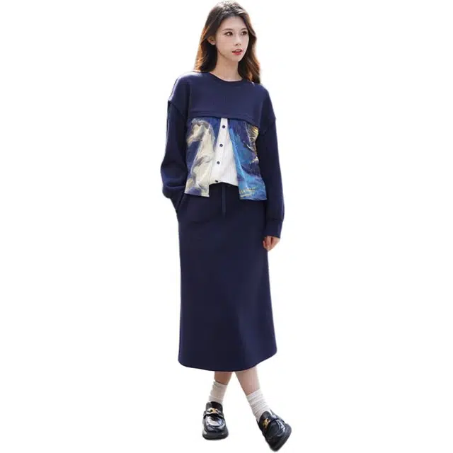 两三事 梵高文艺 浴马重生 时尚印花上衣舒适简约百搭半身裙休闲套装 女款