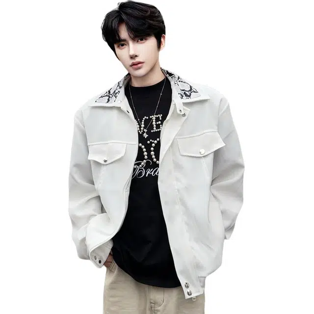 袋鼠 美式拼接翻领舒适工装夹克外套 男女同款