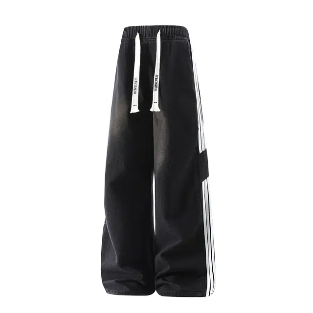 梓润格 美式复古宽松百搭日常通勤简约时尚氛围感三条杠高级设计高街酷飒帅气条纹潮牌青少年户外运动经典青春感直筒裤牛仔裤 男女同款