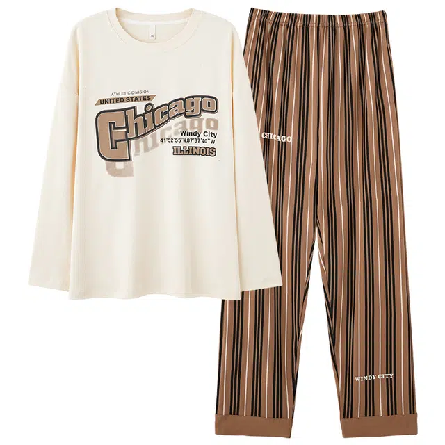 俏霓桐 春秋款时尚条纹潮流纯棉亲肤休闲简约舒适高级感长袖长裤家居服可外穿睡衣套装 男款