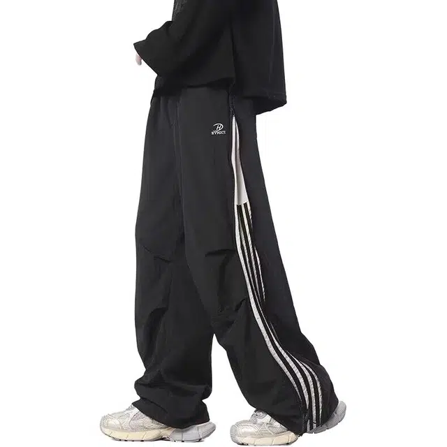 洞洞拐 美式条纹侧拉链伞兵裤子男潮牌户外运动速干宽松直筒休闲裤 男女同款