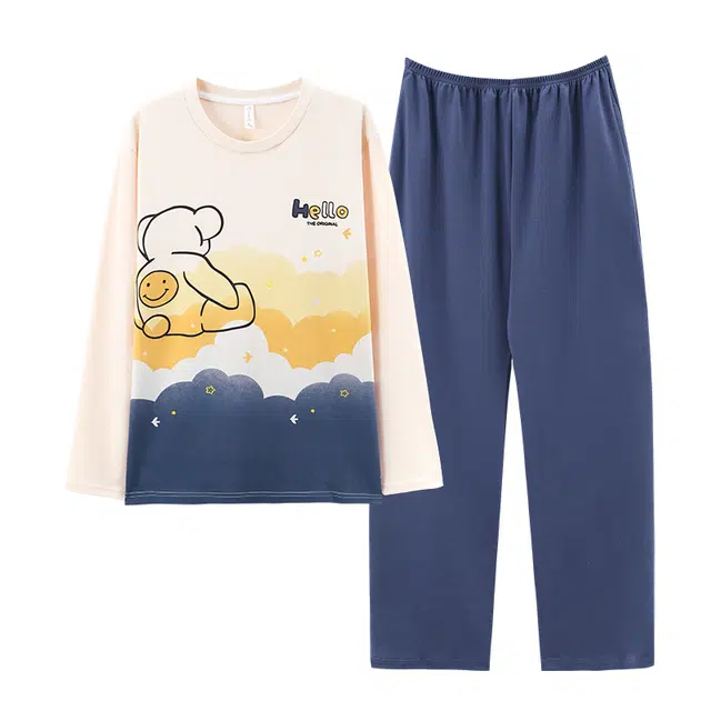 俏霓桐 可爱卡通小熊纯棉亲肤简约百搭舒适长袖长裤家居服可外穿睡衣套装 男款