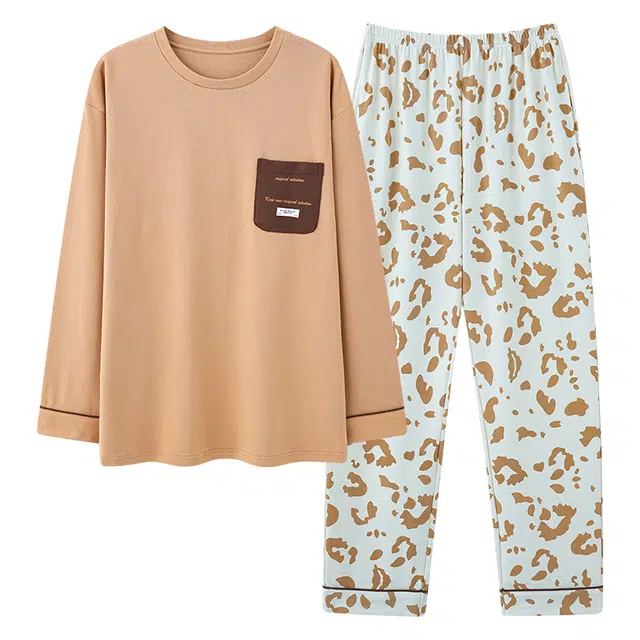 俏霓桐 春秋款时尚简约纯棉亲肤豹纹口袋设计舒适百搭长袖长裤家居服可外穿睡衣套装 男款