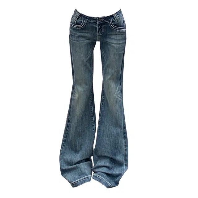 拾籍 辣妹低腰设计修身猫须弹力舒适微喇裤女早秋复古时尚做旧水洗拖地牛仔裤 女款