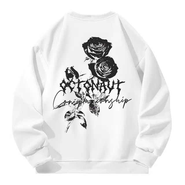 海底小纵队  美式高街花卉玫瑰花字母印花国潮复古加绒加厚宽松舒适手绘日常保暖百搭潮流休闲学院风纯色重磅落肩打底长袖圆领卫衣 男女同款