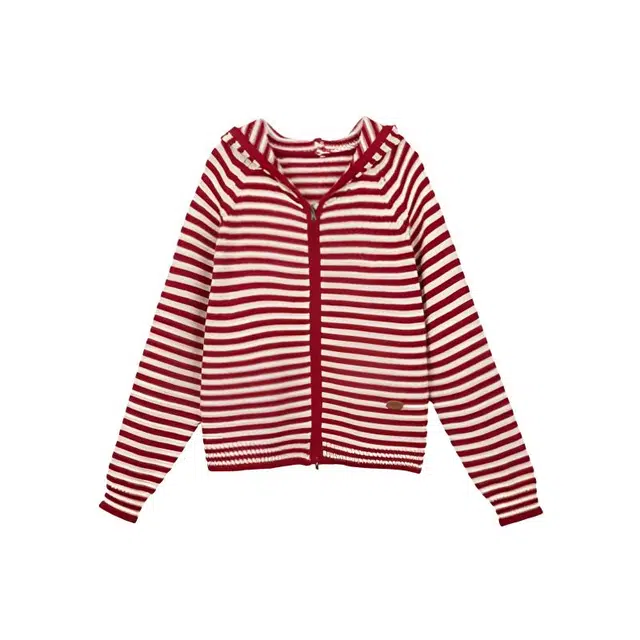 花蔓色 东大门韩国代购韩系复古艺术感条纹连帽拉链秋冬外套开衫针织衫 女款