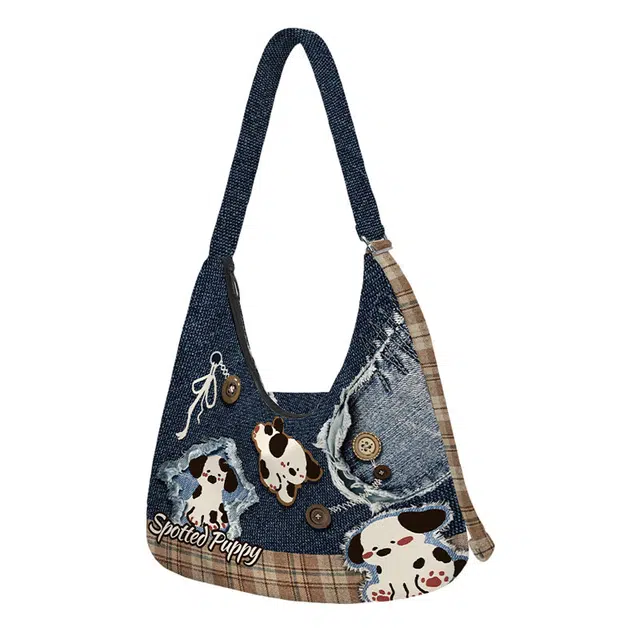 奥松 牛仔斑点狗帆布包女款上班通勤高级感大斜挎包 绒面科技布 单肩包 常规 男女同款情侣款 蓝色