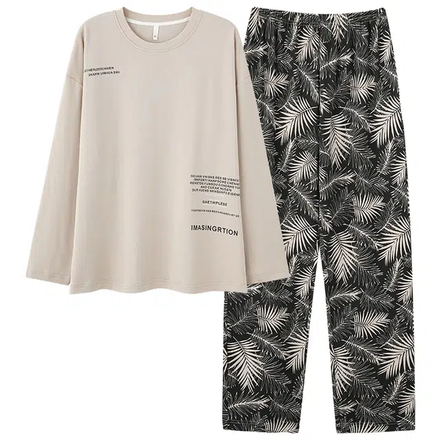 俏霓桐 春秋款时尚小清新纯棉亲肤夏威夷三亚风百搭舒适长袖长裤家居服可外穿睡衣套装 男款