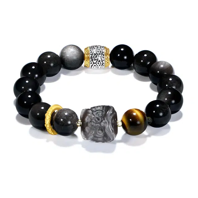 【普陀山官方已过香】 普陀山文创 平安顺遂国潮醒狮新中式招财进宝转运纳福银曜石时尚简约百搭#好运 黑曜石 手串 男女同款情侣款