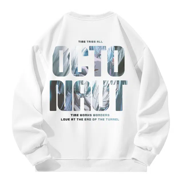 海底小纵队  美式高街复古潮流卡通二次元字母印花保暖休闲简约学生国潮加绒加厚纯色宽松舒适手绘百搭重磅落肩打底圆领长袖卫衣 男女同款