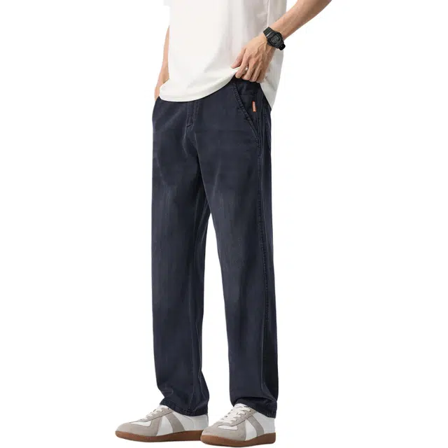 瑞梵帝斯 美式复古莱赛尔阔腿裤简约百搭融合修身合体与宽松直筒设计青春流行薄款舒适显瘦潮流柔然触感尽显时尚内涵休闲通勤牛仔裤 男款