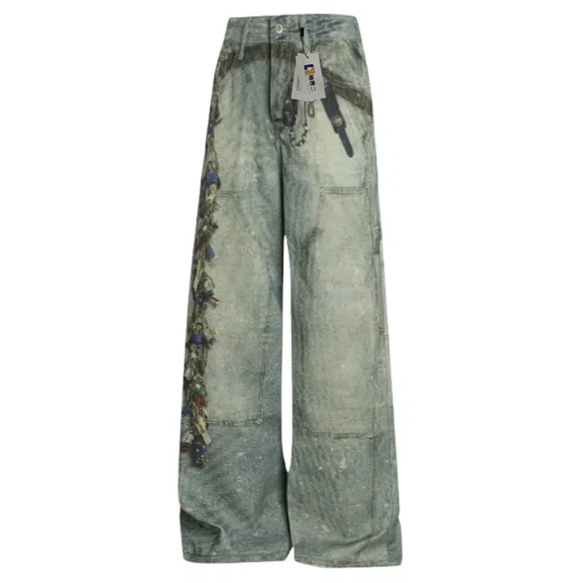 地界二 美式立体印花夏季做旧个性高街阔腿拖地痞帅长裤潮牛仔裤 男款