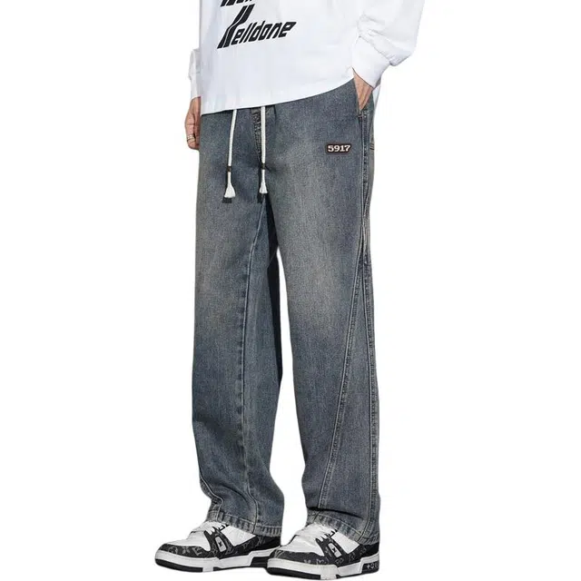 么宁 美式高街复古水洗宽松直筒简约百搭舒适透气阔腿牛仔裤 男女同款