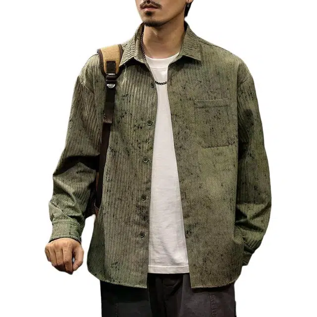 路杰邦 美式复古秋季长袖外套男士宽松百搭时尚潮流高街军绿色提花休闲衬衣外套衬衫 男款