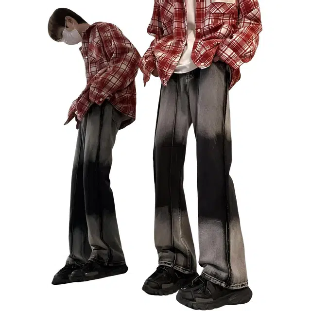 大格子与黑猫 渐变水洗做旧男秋季美式高街微喇裤子宽松直筒休闲长裤牛仔裤 男款