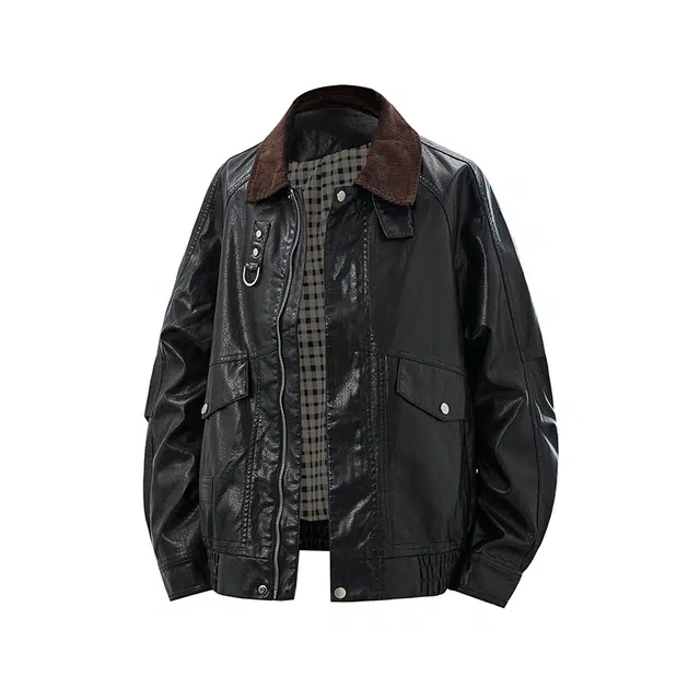 艾梵斯贝 美式复古潮流经典小众高级设计款无性别皮质高街朋克日常通勤百搭休闲商务高品质翻领夹克 男女同款