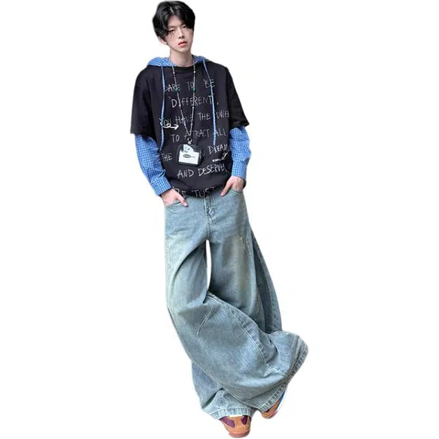 拾个壹先生 美式复古高街梨形阔腿高腰破洞宽松弯刀牛仔裤 男女同款