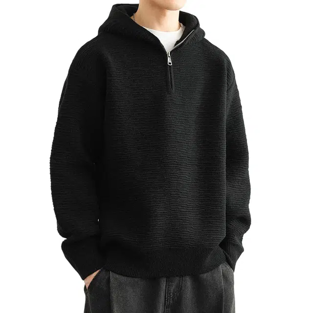 冈哉 波浪形纹理纯色连帽半拉链设计美式复古休闲简约舒适套头落肩宽松日常基础款针织衫 男女同款