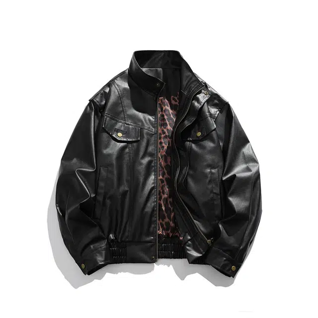 普鲁士多特蒙德 美式高街潮牌复古纯色拼接高级感飞行员机车风设计柔软宽松舒适休闲立领皮夹克 男女同款