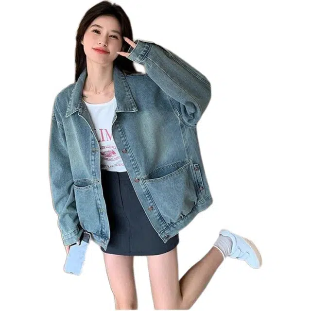 邓大喵 韩版气质宽松休闲女春季设计感洋气减龄夹克上衣牛仔外套 女款