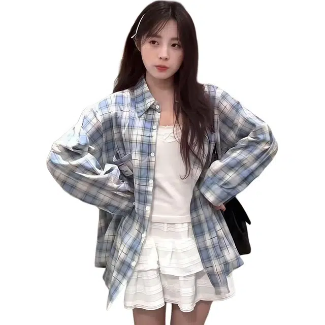 敲模女孩 学院风复古港味格子宽松百搭外套长袖衬衫 女款