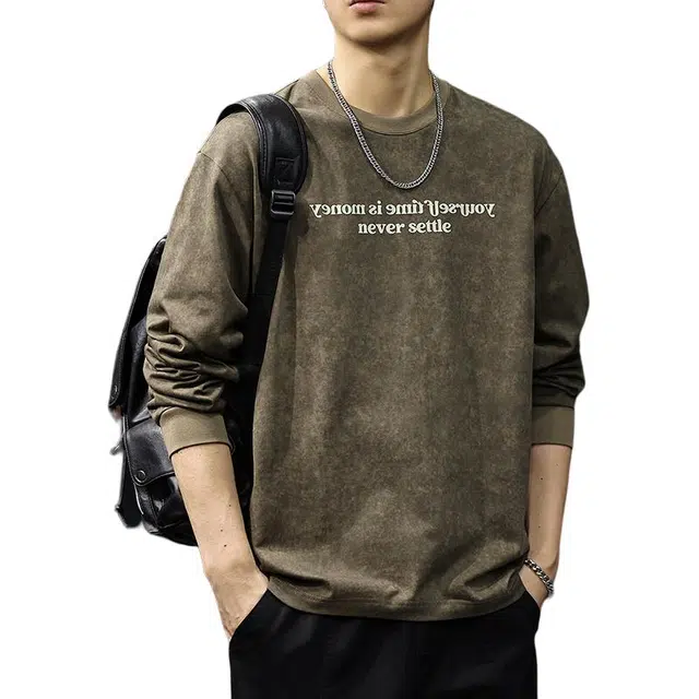 前进牛 秋季美式休闲经典复古潮牌高级感高街嘻哈街头水洗扎染长袖潮流废土风宽松重磅纯棉打底衫卫衣 男款