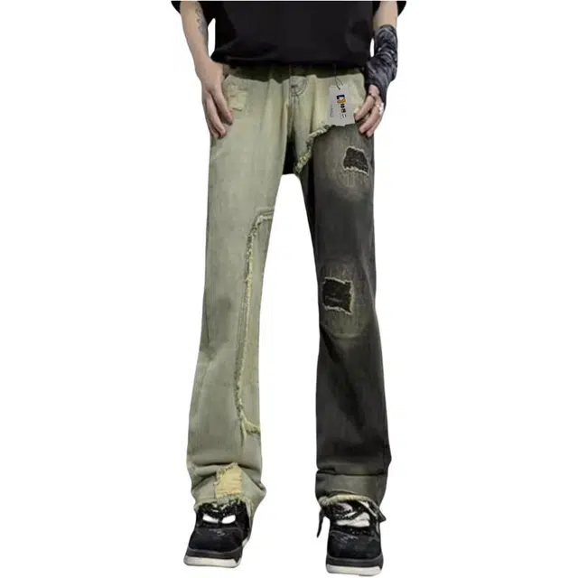 地界二 春秋拼接直筒毛边休闲痞帅日系复古高街美式潮牌嘻哈裤子牛仔裤 男款