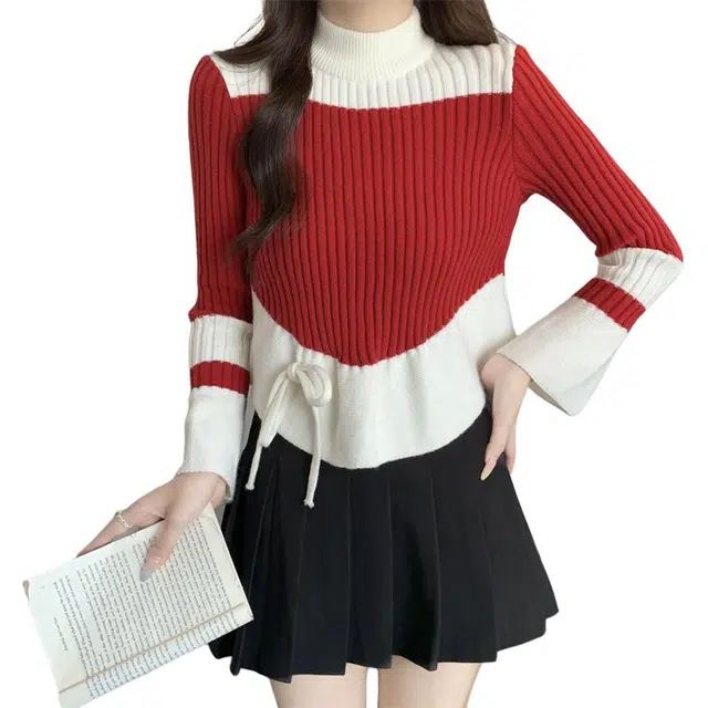 沐晓欣 拼色撞色半高领显瘦打底上衣针织衫 女款