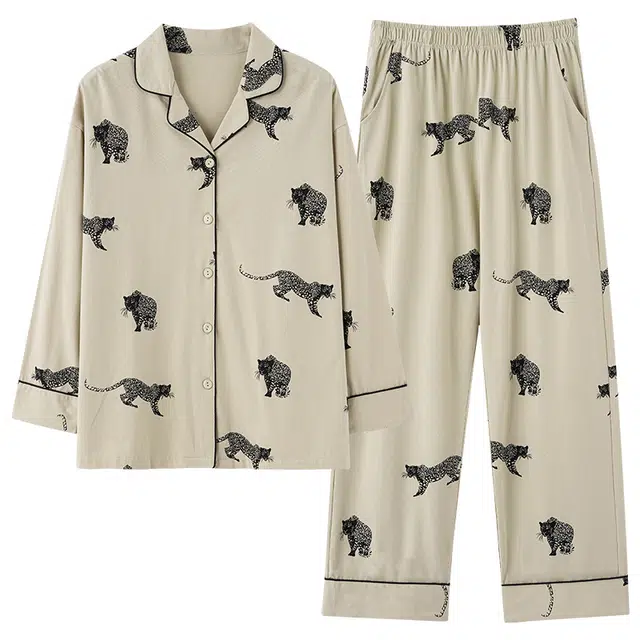 俏佳人 纯棉基础开衫翻领动物图案休闲宽松透气亲肤可外穿长袖长裤家居服睡衣套装 女款