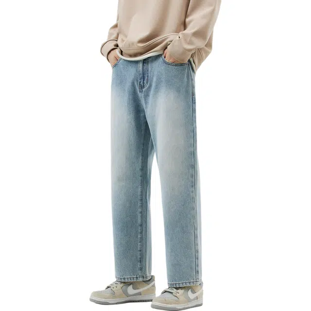 瑞梵帝斯 美式高街潮牌街头潮范轻松拿捏校园风裤子直筒宽松九分裤复古做旧调利落剪裁显腿长直筒宽松时尚百搭牛仔裤 男款