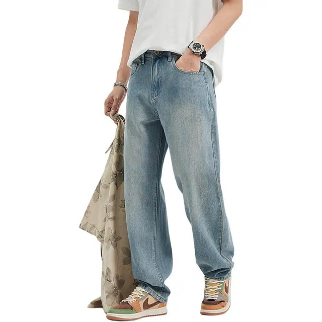 瑞梵帝斯 美式复古做旧水洗无性别主义显高显瘦百搭经典垂感直筒校园风简约大气纯色拉链设计舒适休闲时尚百搭牛仔裤 男款