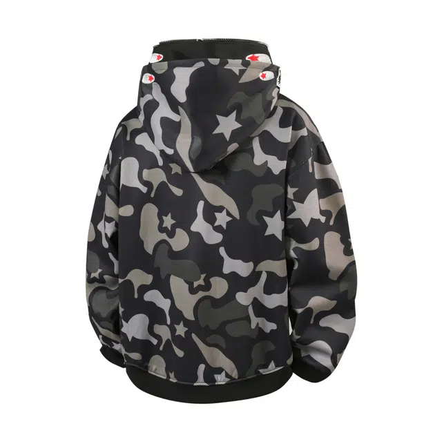 煦加  美式复古双帽涂鸦高街鲨鱼宽松经典百搭休闲时尚日常通勤满印长袖开衫卫衣 男女同款