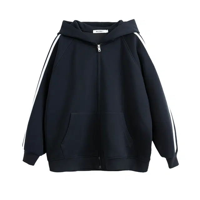 米子旗 黑色连帽秋季百搭美式高街休闲宽松拉链百搭运动外套 女款