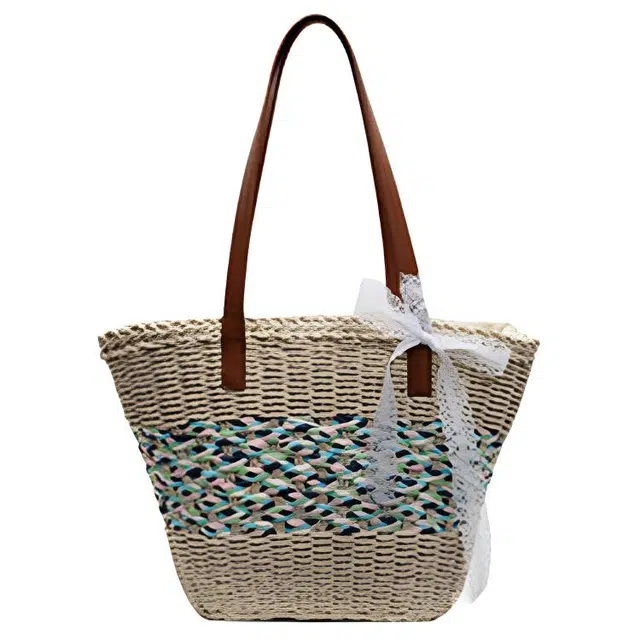 伊曼家 编织托特包春夏休闲大容量腋下包度假编织 草编 单肩包 女款 米白色/卡其色