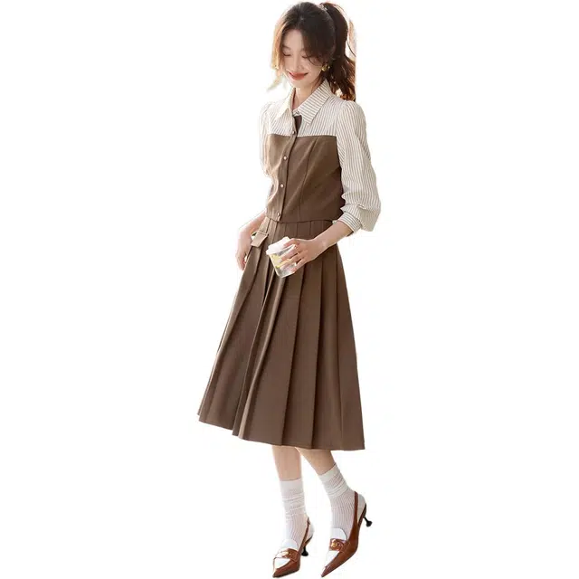 沫晗依美 通勤优雅知性拼色常规长袖翻领高腰衬衫套装 女款