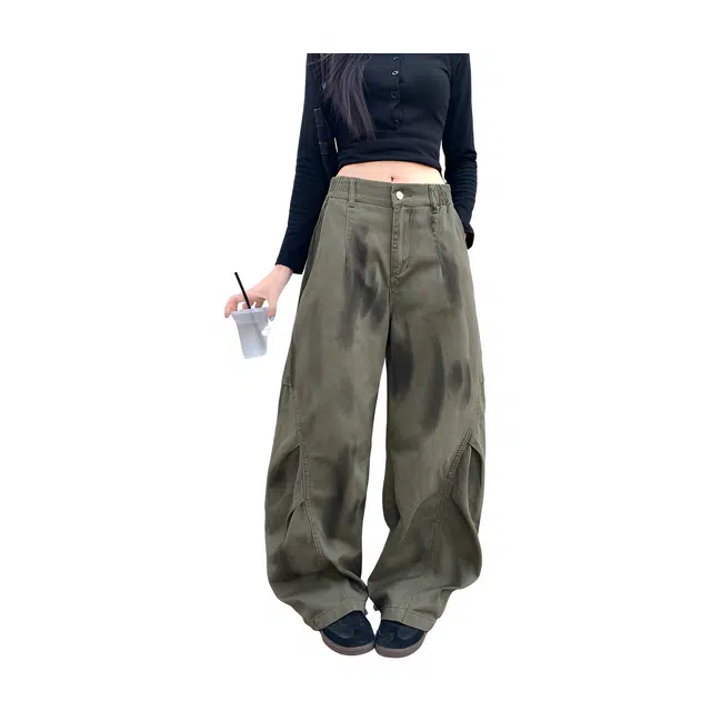 荟萃阁 复古扎染褶皱百搭休闲弯刀工装裤女牛仔裤 女款