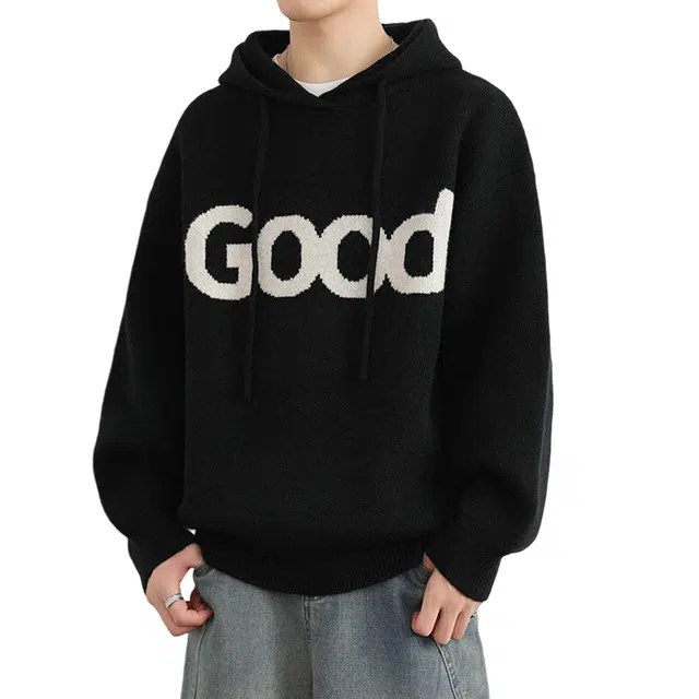 冈哉 美式学院风字母抽绳连帽设计复古潮流舒适宽松百搭休闲长袖套头针织衫 男女同款