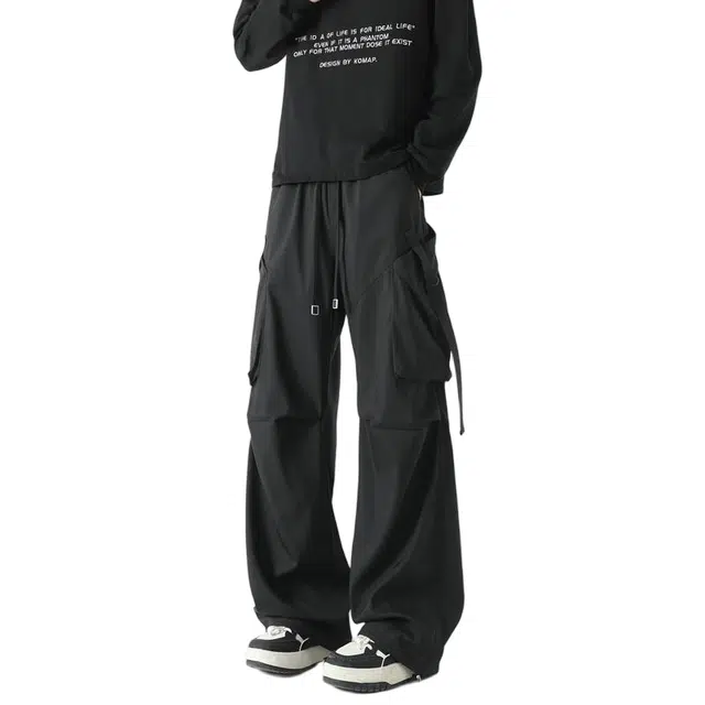 木林森 美式山系户外高街弯刀舒适百搭拼接系带时尚潮流工装长裤简约纯色宽松重城市通勤休闲裤 男女同款