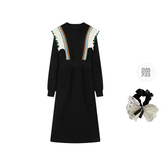涂诗菲 小众设计感气质优雅高级感卫衣裙圆领收腰撞色荷叶边长袖连衣裙 女款