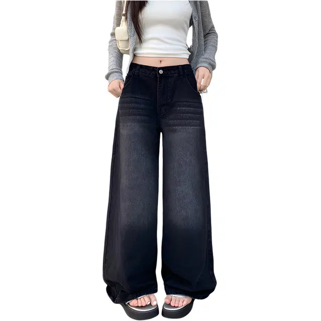 荟萃阁 复古百搭阔腿简约通勤设计感牛仔裤 女款