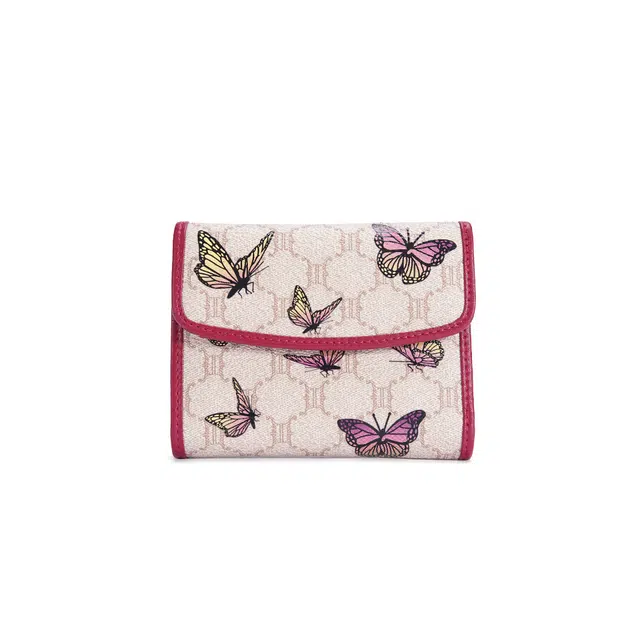 都宝路 质感时尚百搭气质蝴蝶印花收纳短款随身便携 聚氯乙烯合成革 钱包 常规 女款 酒红/黑色